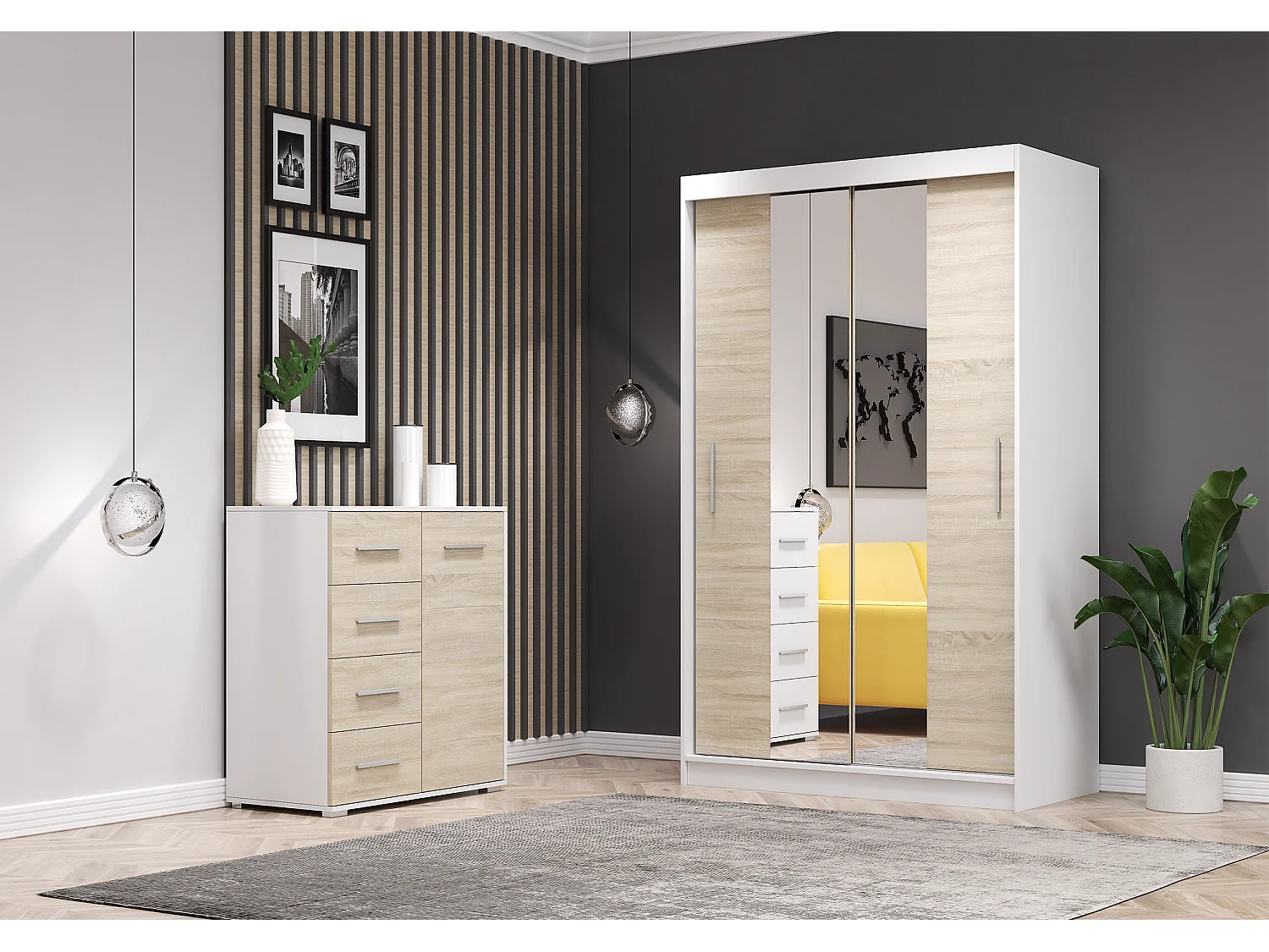 Ensemble armoire Danae et commode Ilario - Blanc - Chêne