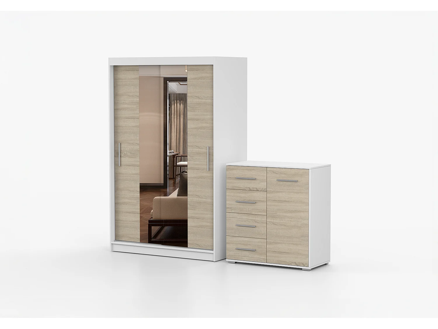 Ensemble armoire Danae et commode Ilario - Blanc - Chêne