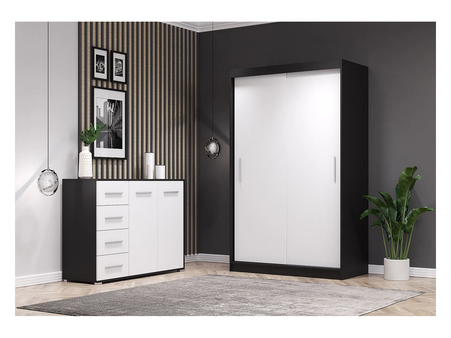 Ensemble armoire Yvae et commode Ilario - Noir - Blanc