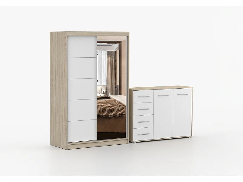Ensemble armoire Syra et commode Ilario avec miroir - Chêne - Blanc