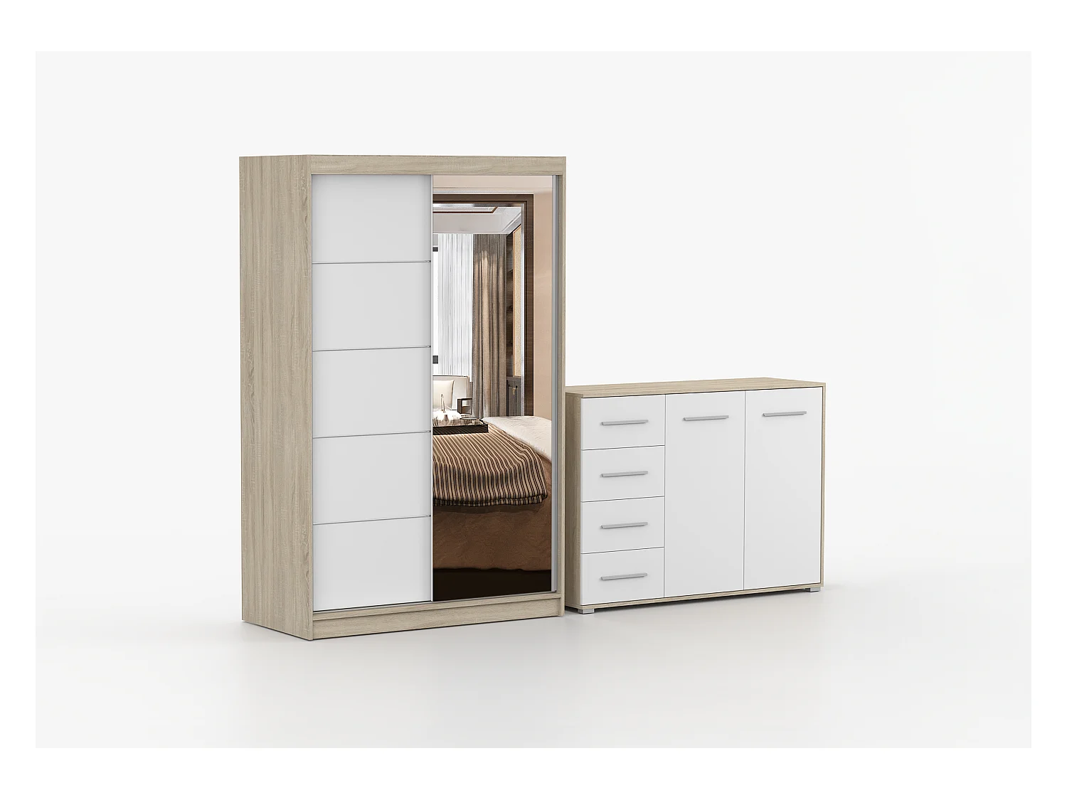 Ensemble armoire Syra et commode Ilario avec miroir - Chêne - Blanc