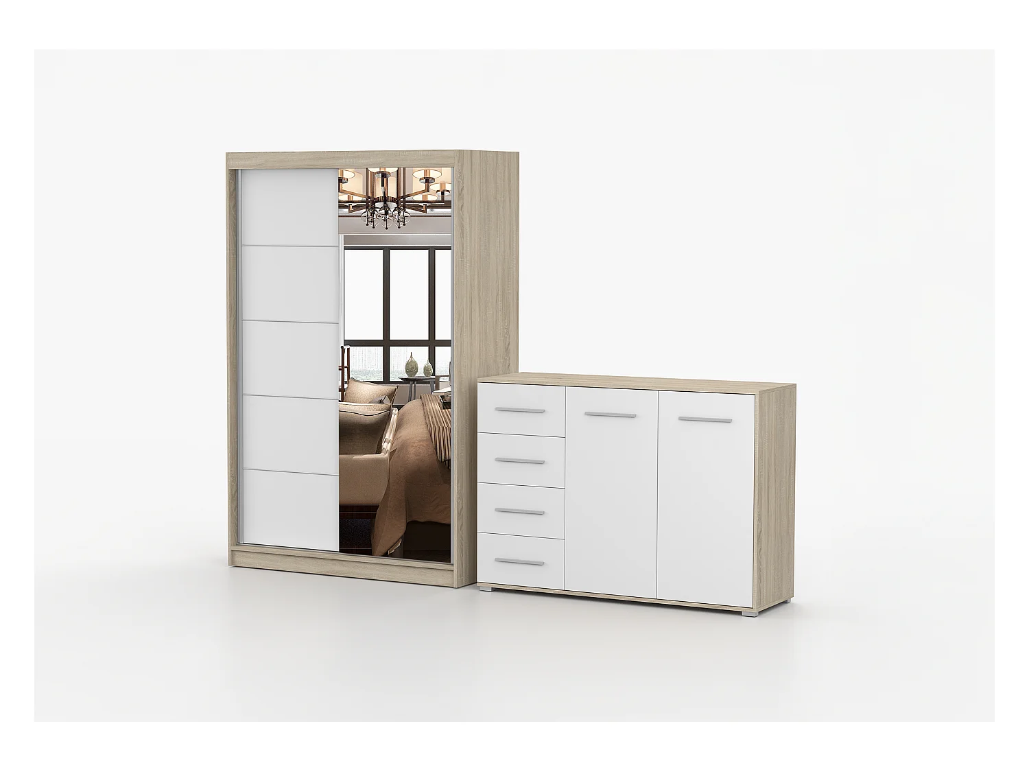 Ensemble armoire Syra et commode Ilario avec miroir - Chêne - Blanc