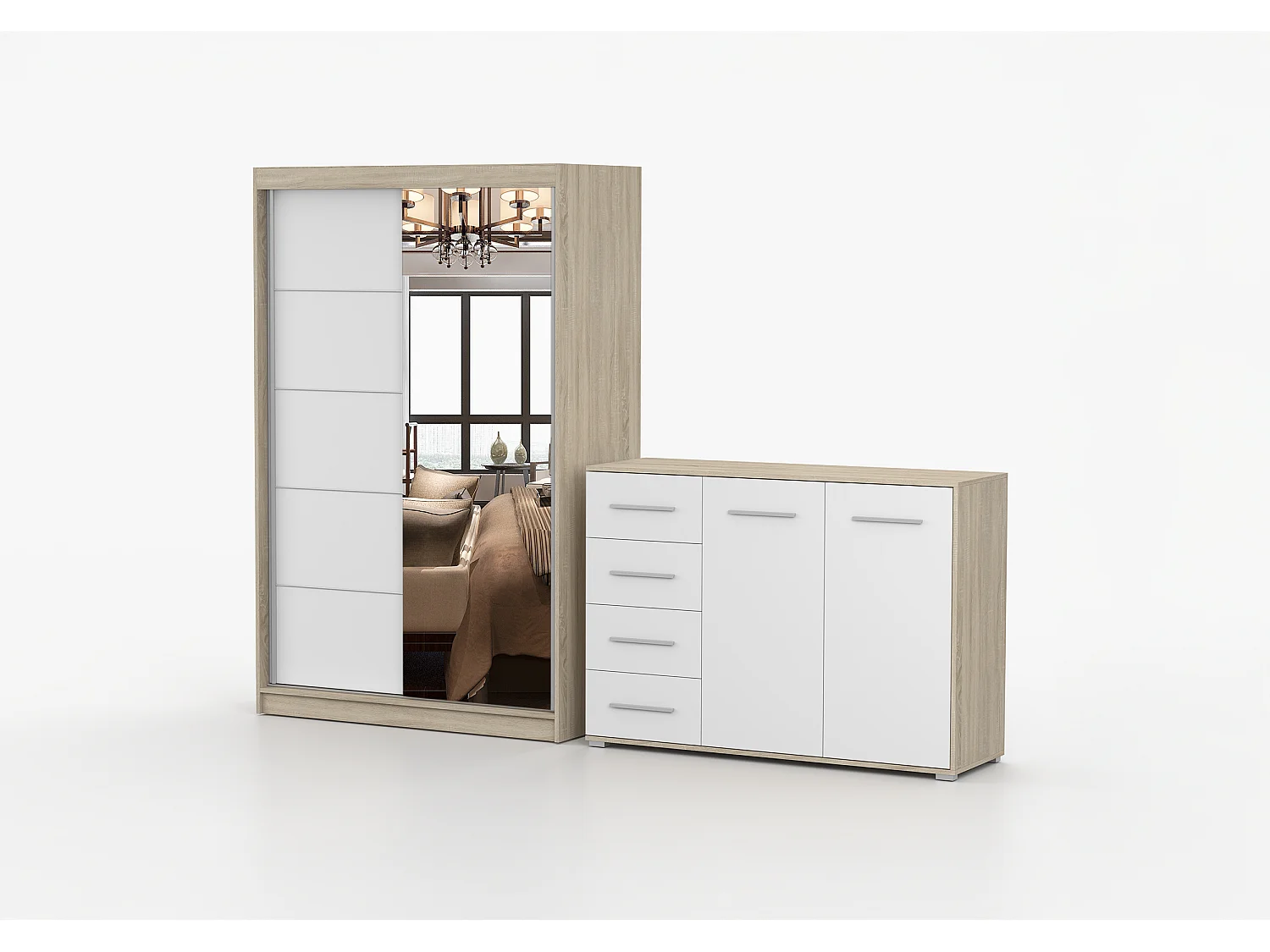 Ensemble armoire Syra et commode Ilario avec miroir - Chêne - Blanc