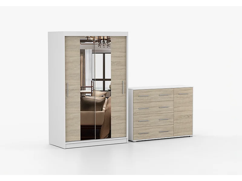 Ensemble armoire Danae et commode Ilario - Blanc - Chêne