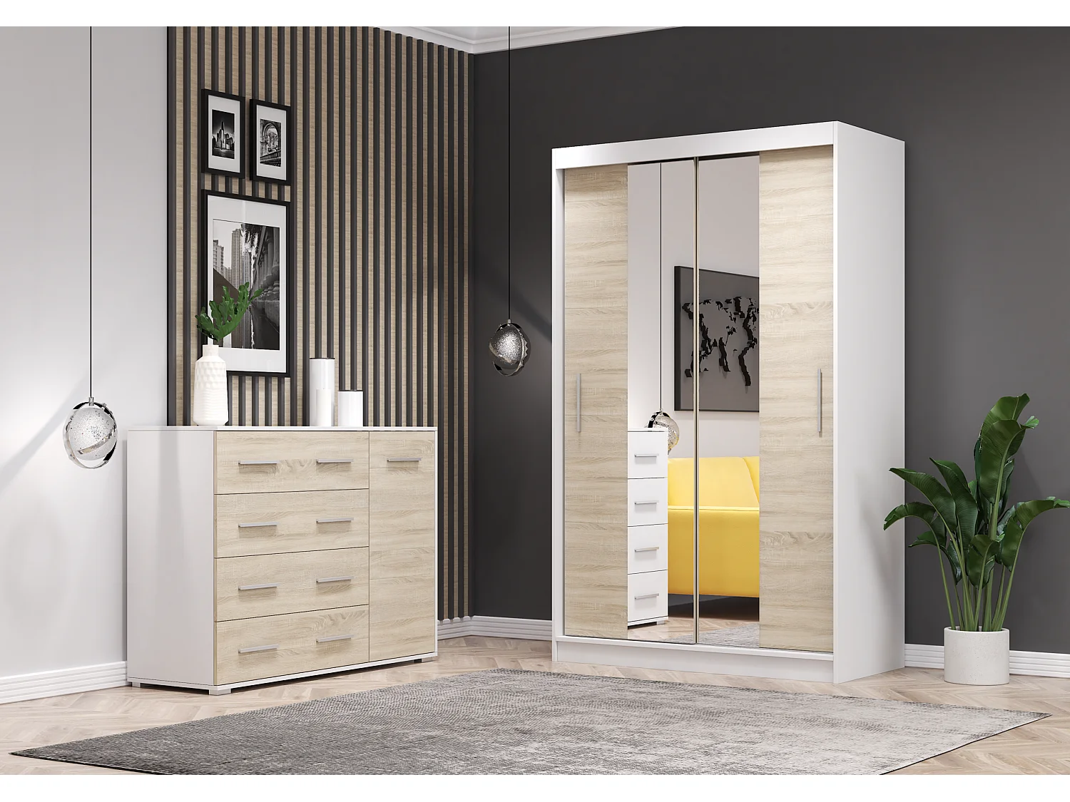 Ensemble armoire Danae et commode Ilario - Blanc - Chêne