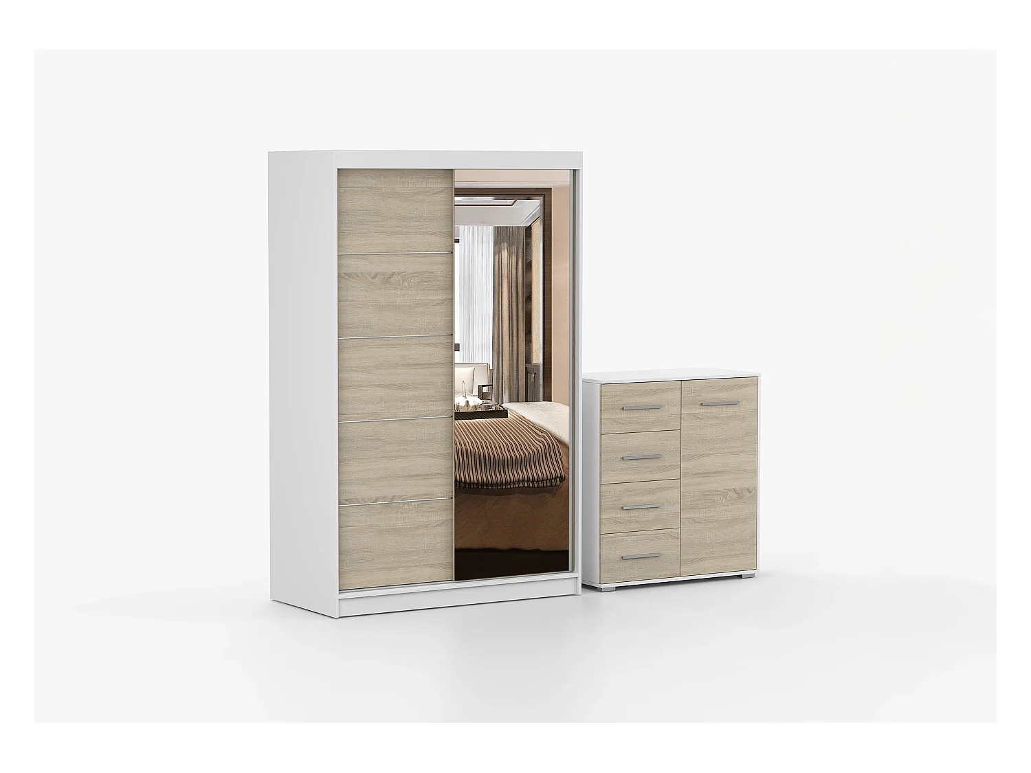 Ensemble armoire Syra et commode Ilario avec miroir - Blanc - Chêne