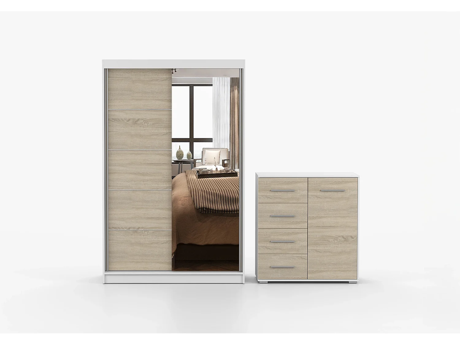 Ensemble armoire Syra et commode Ilario avec miroir - Blanc - Chêne