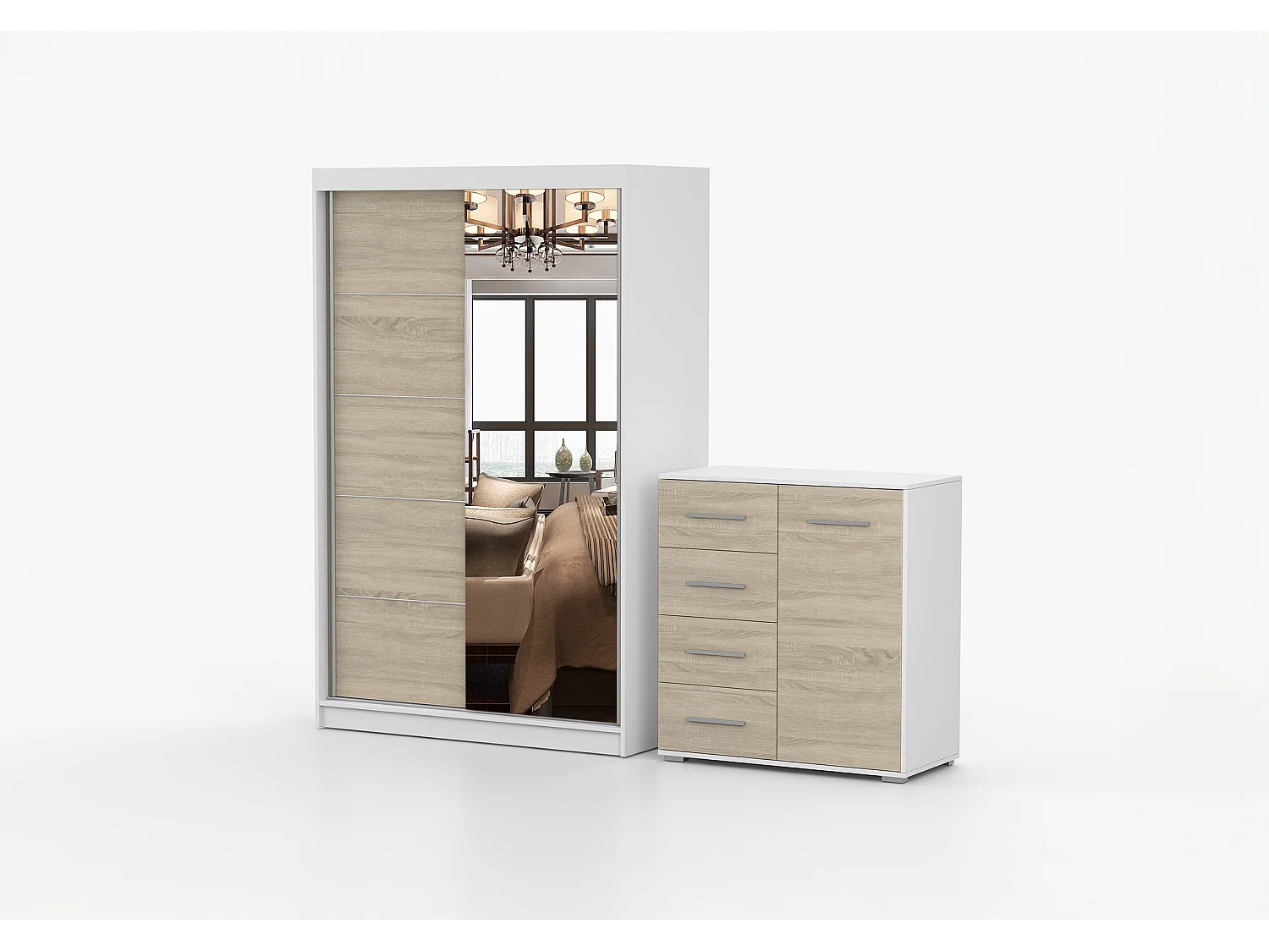 Ensemble armoire Syra et commode Ilario avec miroir - Blanc - Chêne