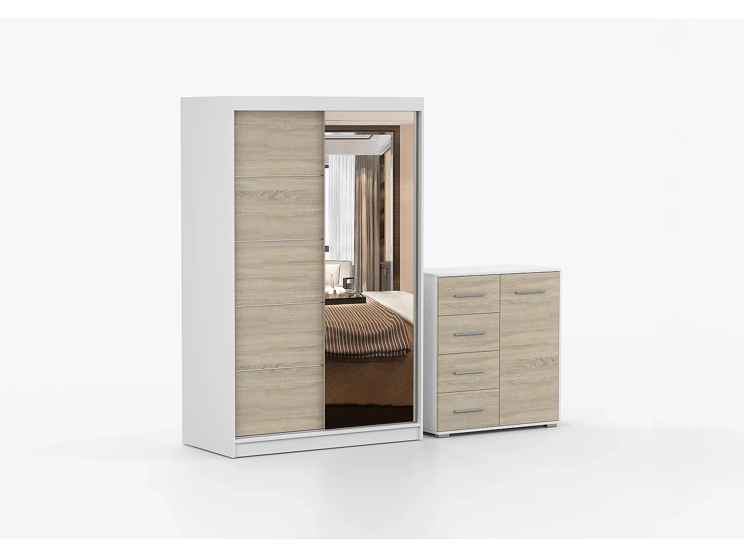 Ensemble armoire Syra et commode Ilario avec miroir - Blanc - Chêne