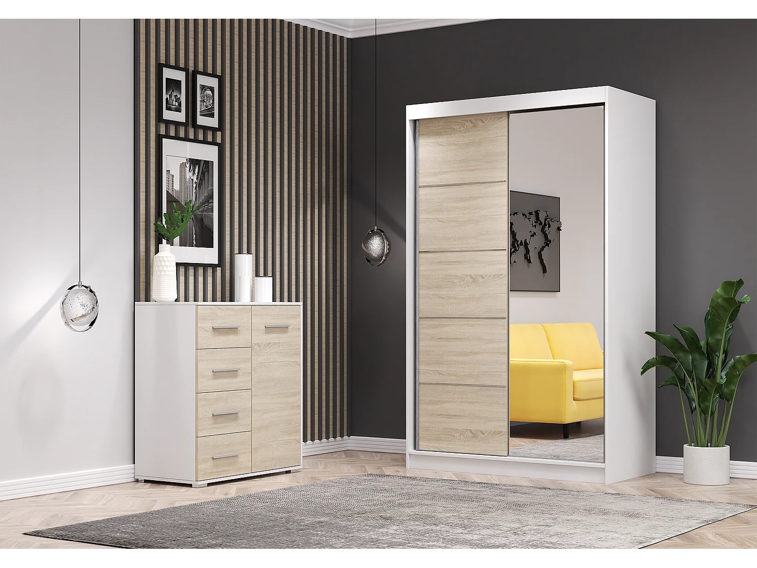 Ensemble armoire Syra et commode Ilario avec miroir - Blanc - Chêne