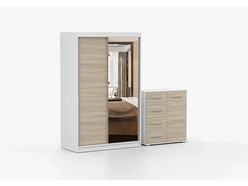 Ensemble armoire Syra et commode Ilario avec miroir - Blanc - Chêne
