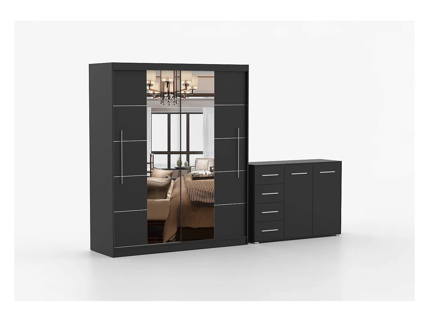 Ensemble armoire Orelia et commode Ilario avec miroir - Noir