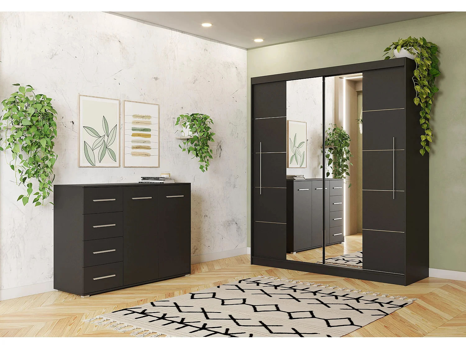 Ensemble armoire Orelia et commode Ilario avec miroir - Noir