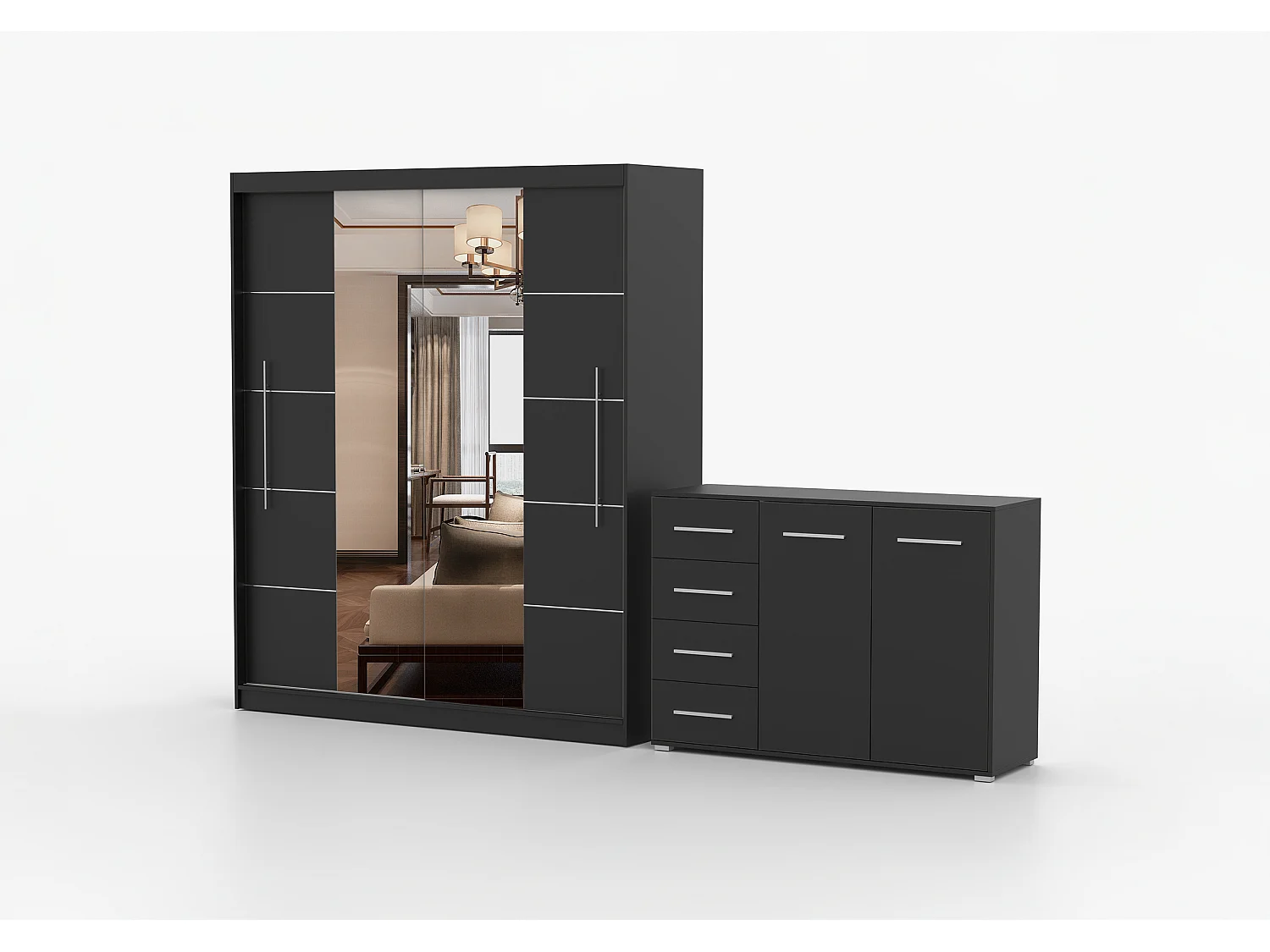 Ensemble armoire Orelia et commode Ilario avec miroir - Noir