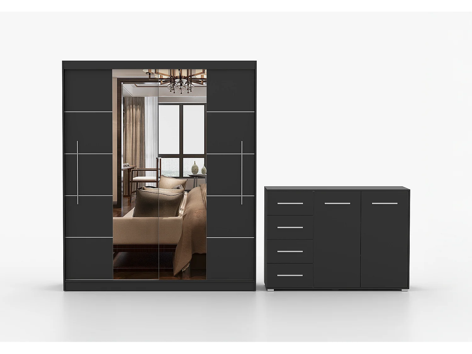 Ensemble armoire Orelia et commode Ilario avec miroir - Noir