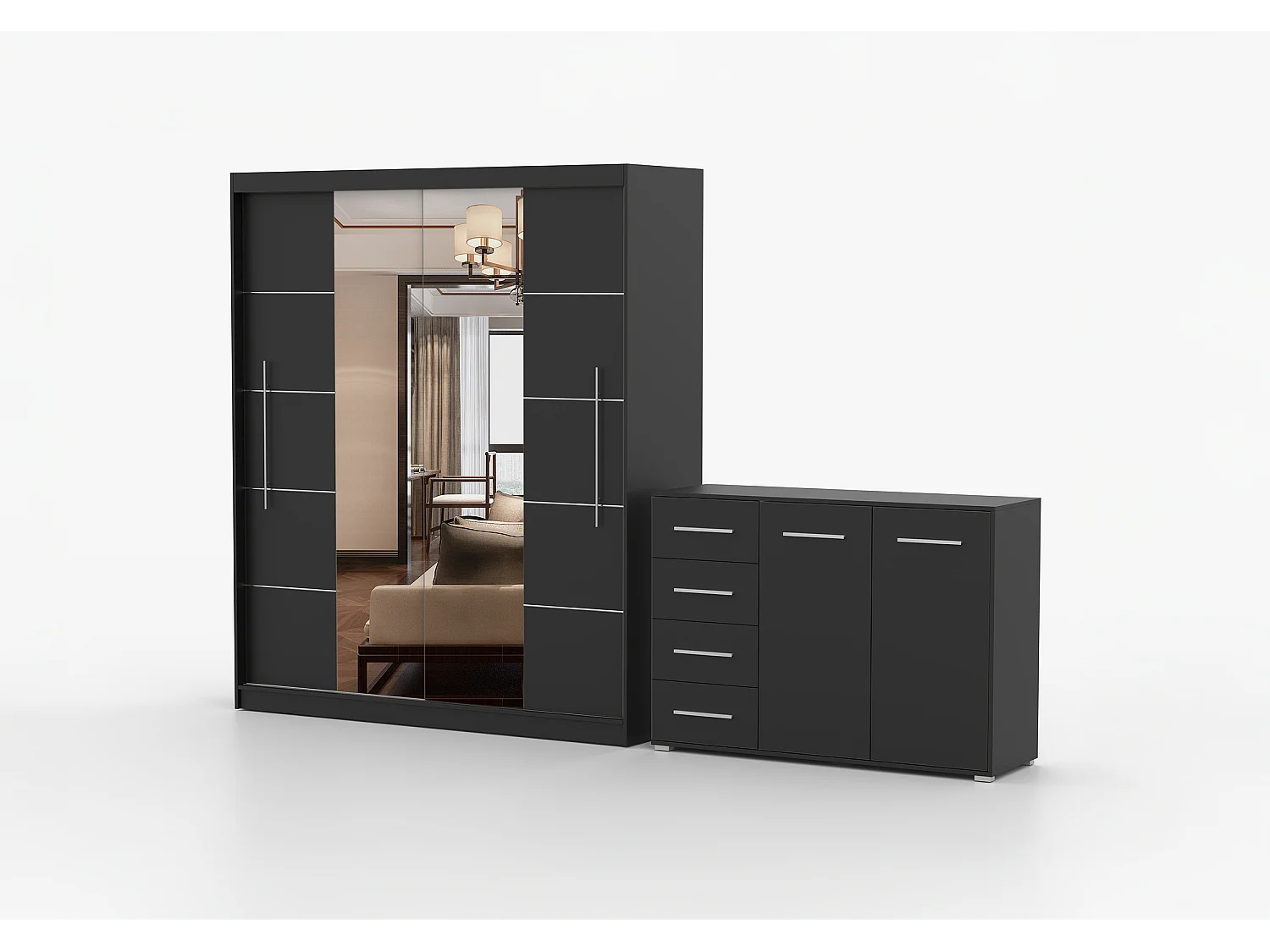 Ensemble armoire Orelia et commode Ilario avec miroir - Noir