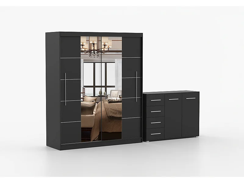 Ensemble armoire Orelia et commode Ilario avec miroir - Noir
