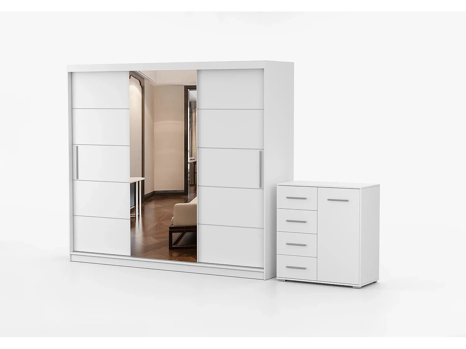 Ensemble armoire Theana et commode Ilario avec miroir - Blanc