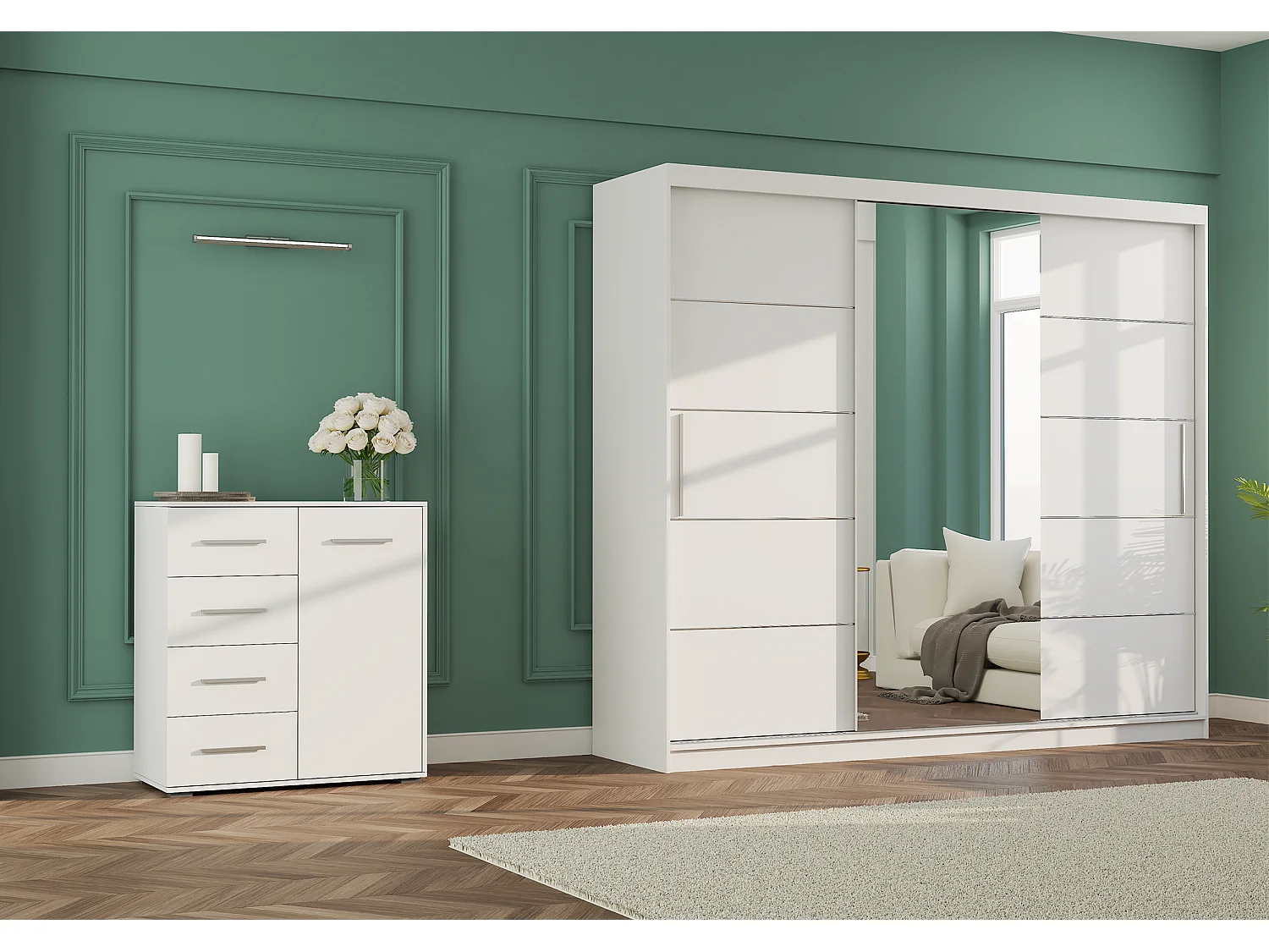 Ensemble armoire Theana et commode Ilario avec miroir - Blanc