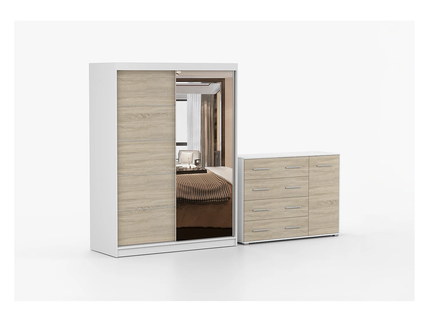 Ensemble armoire Vaiana et commode Ilario Chêne - Blanc avec miroir - Blanc - Chêne