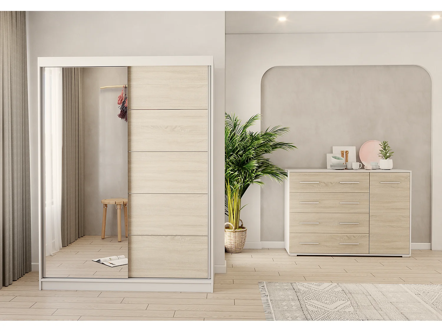 Ensemble armoire Vaiana et commode Ilario Chêne - Blanc avec miroir - Blanc - Chêne