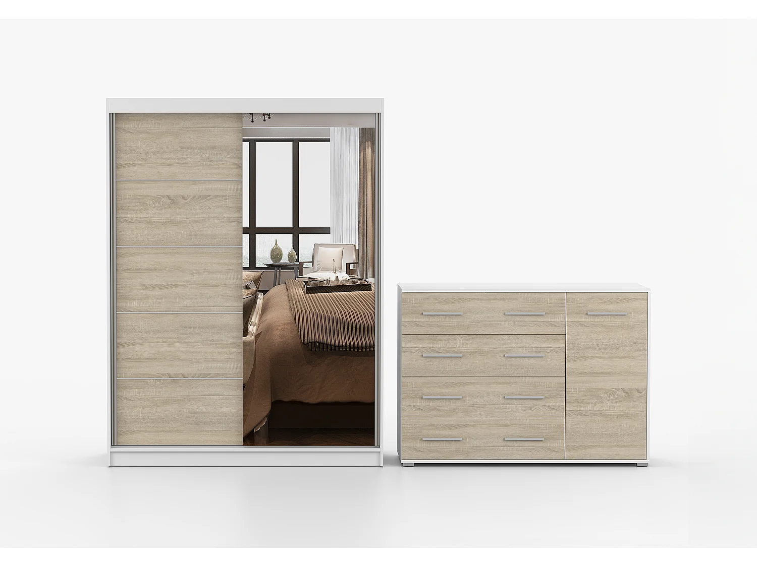 Ensemble armoire Vaiana et commode Ilario Chêne - Blanc avec miroir - Blanc - Chêne