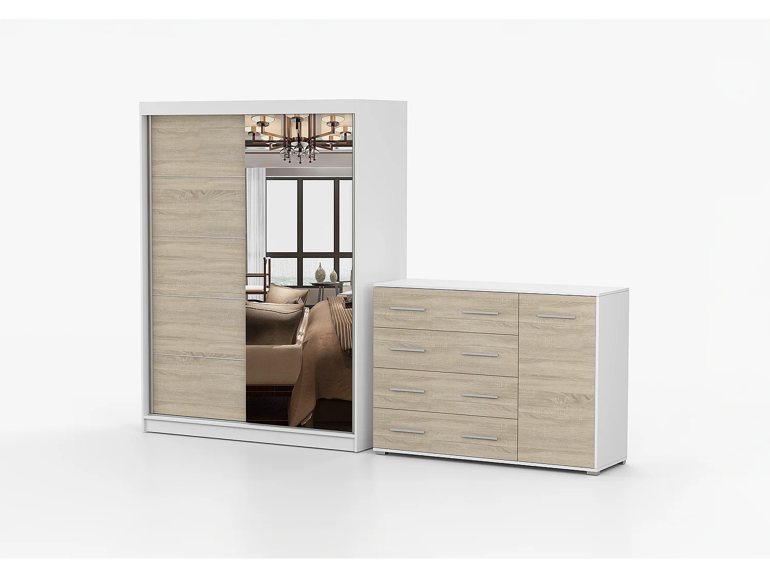 Ensemble armoire Vaiana et commode Ilario Chêne - Blanc avec miroir - Blanc - Chêne