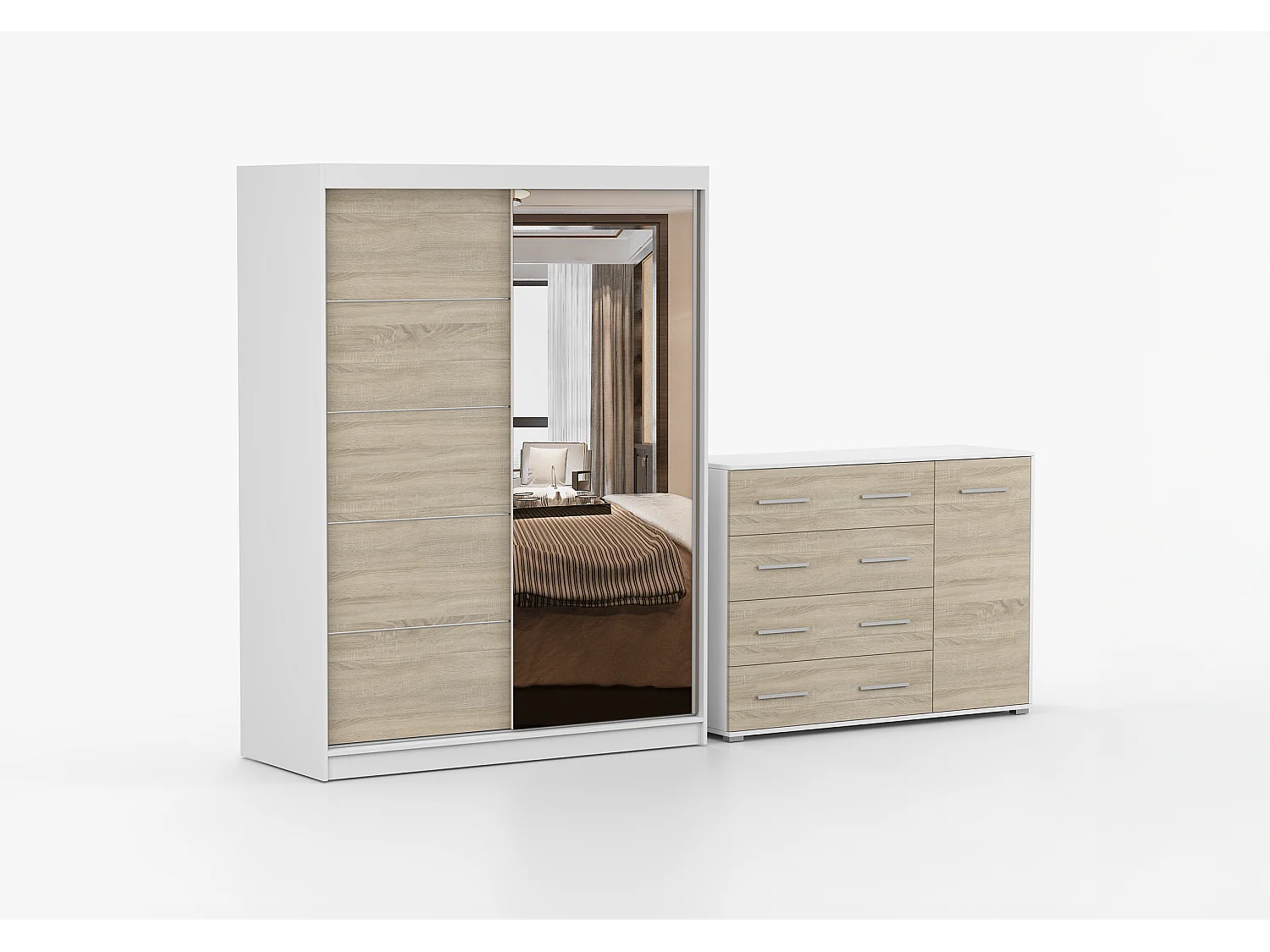 Ensemble armoire Vaiana et commode Ilario Chêne - Blanc avec miroir - Blanc - Chêne