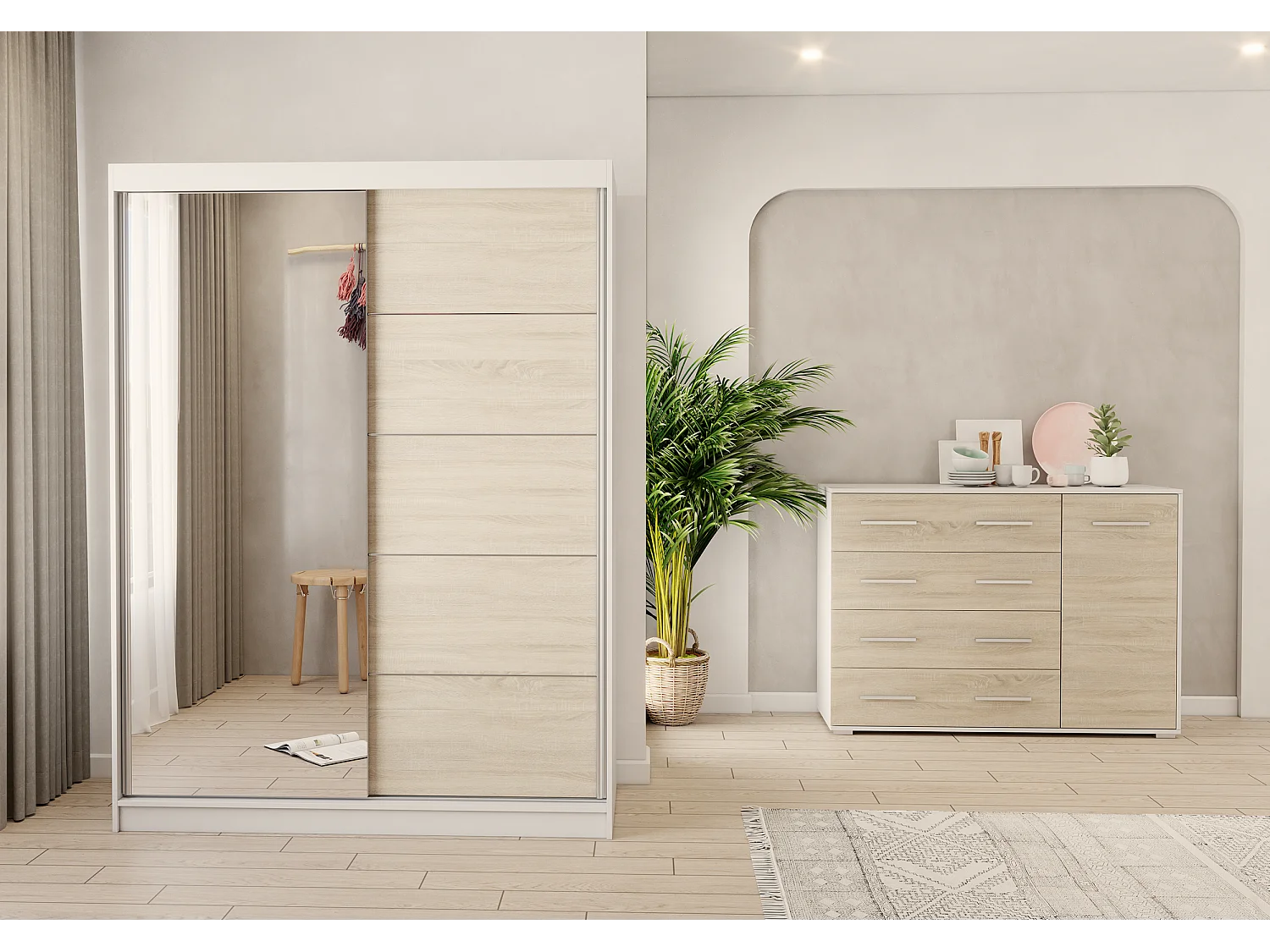 Ensemble armoire Vaiana et commode Ilario Chêne - Blanc avec miroir - Blanc - Chêne