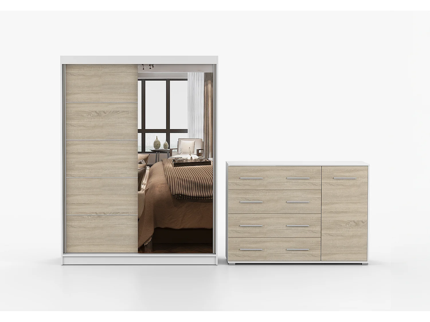 Ensemble armoire Vaiana et commode Ilario Chêne - Blanc avec miroir - Blanc - Chêne