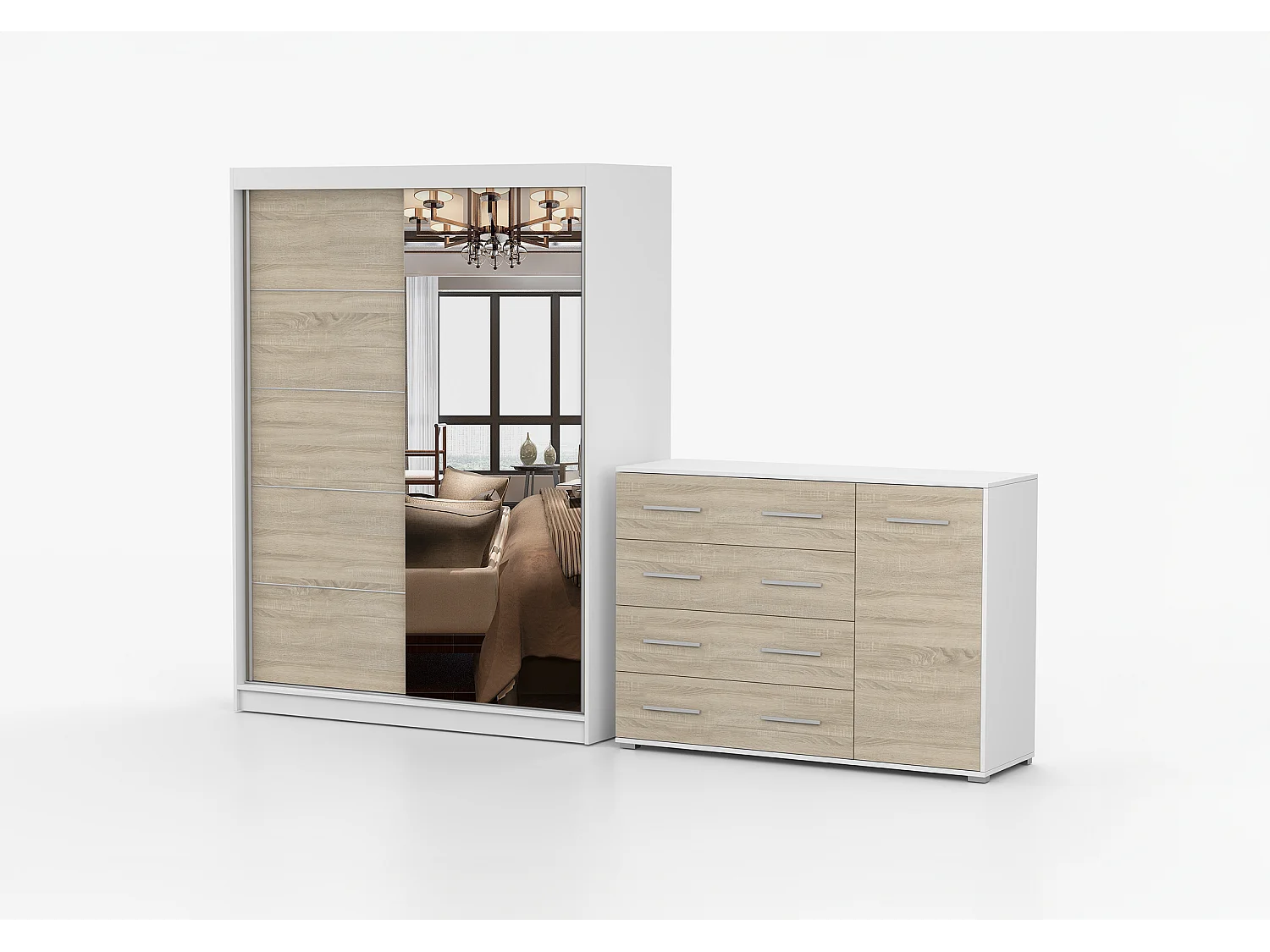 Ensemble armoire Vaiana et commode Ilario Chêne - Blanc avec miroir - Blanc - Chêne