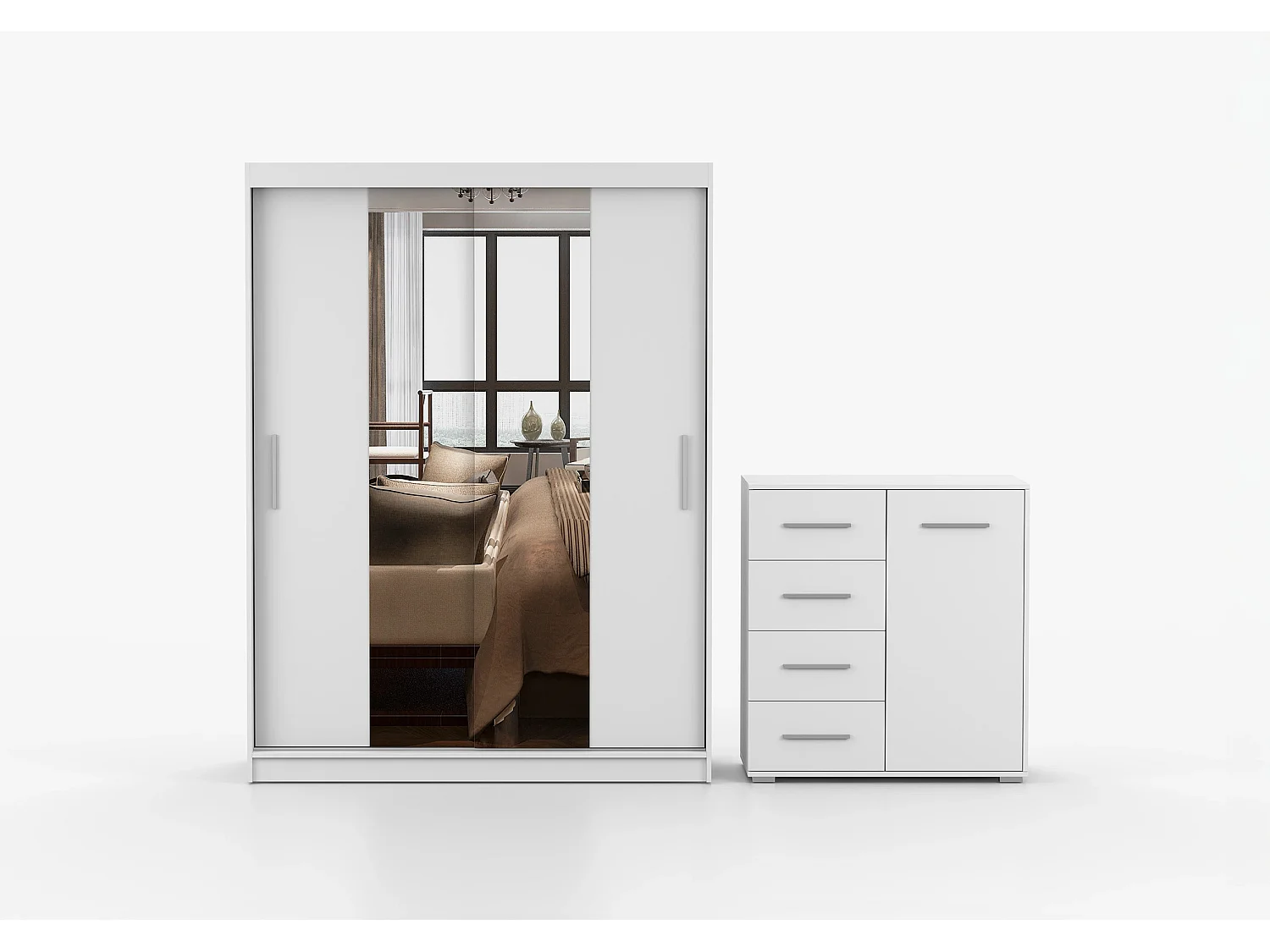 Ensemble armoire et commode Aenora Ilario avec miroir - Blanc