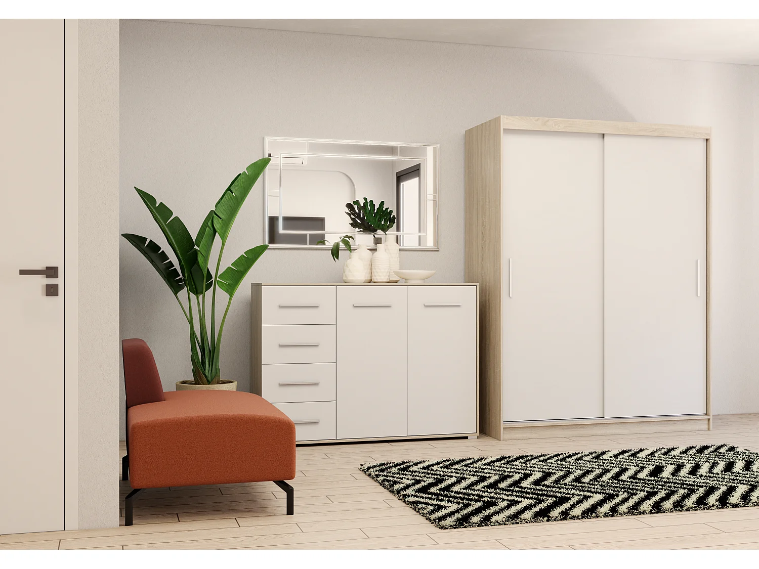 Ensemble armoire Elsinore et commode Ilario - Chêne - Blanc