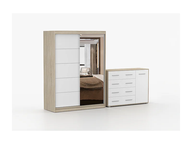 Ensemble armoire Vaiana et commode Ilario Chêne - Blanc avec miroir - Chêne - Blanc