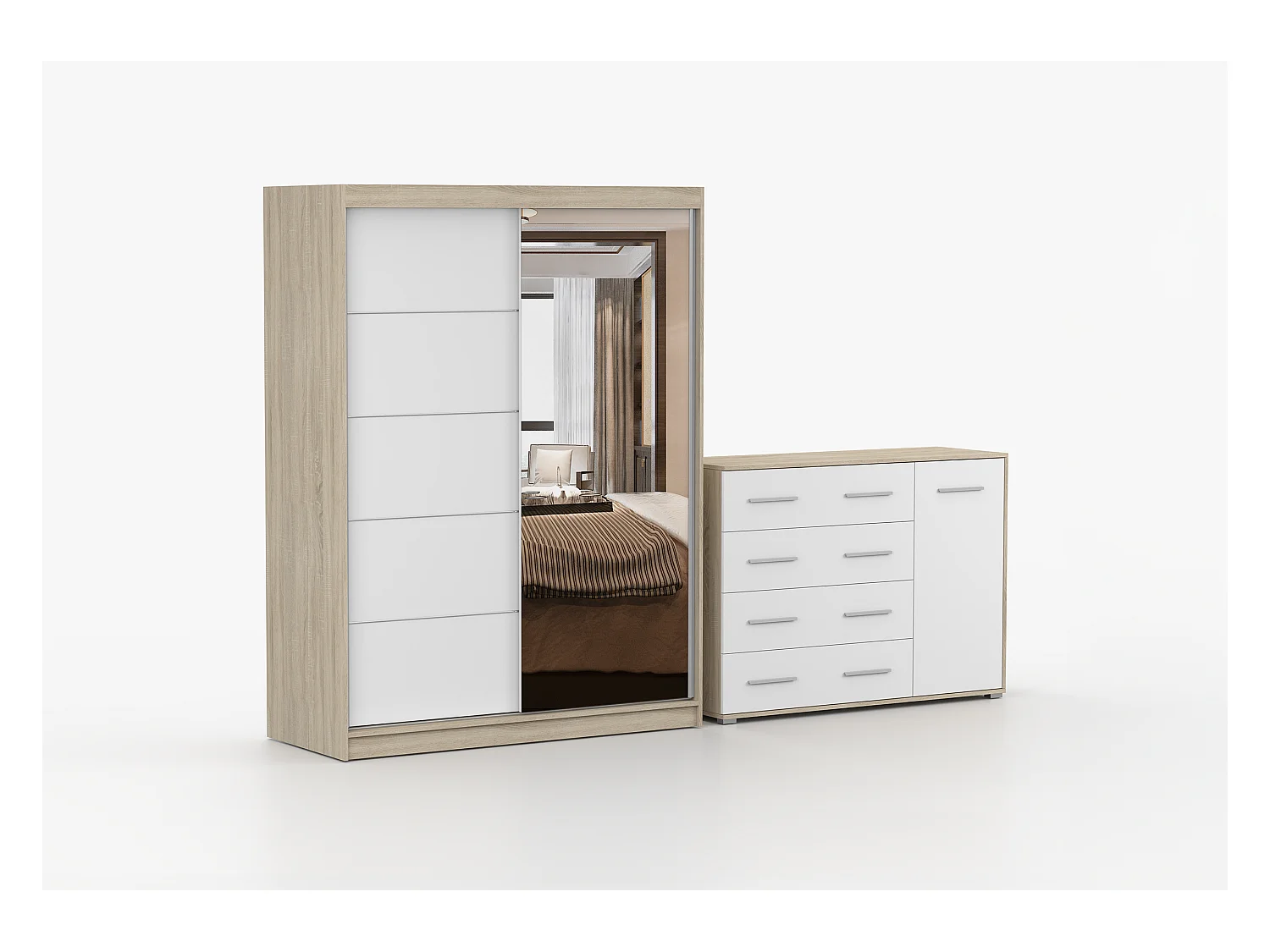 Ensemble armoire Vaiana et commode Ilario Chêne - Blanc avec miroir - Chêne - Blanc