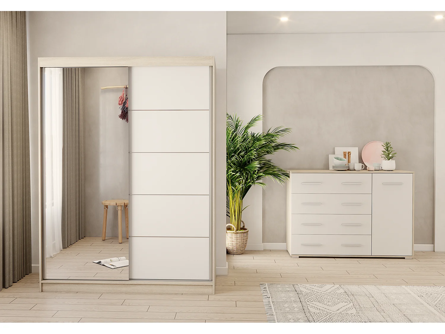 Ensemble armoire Vaiana et commode Ilario Chêne - Blanc avec miroir - Chêne - Blanc