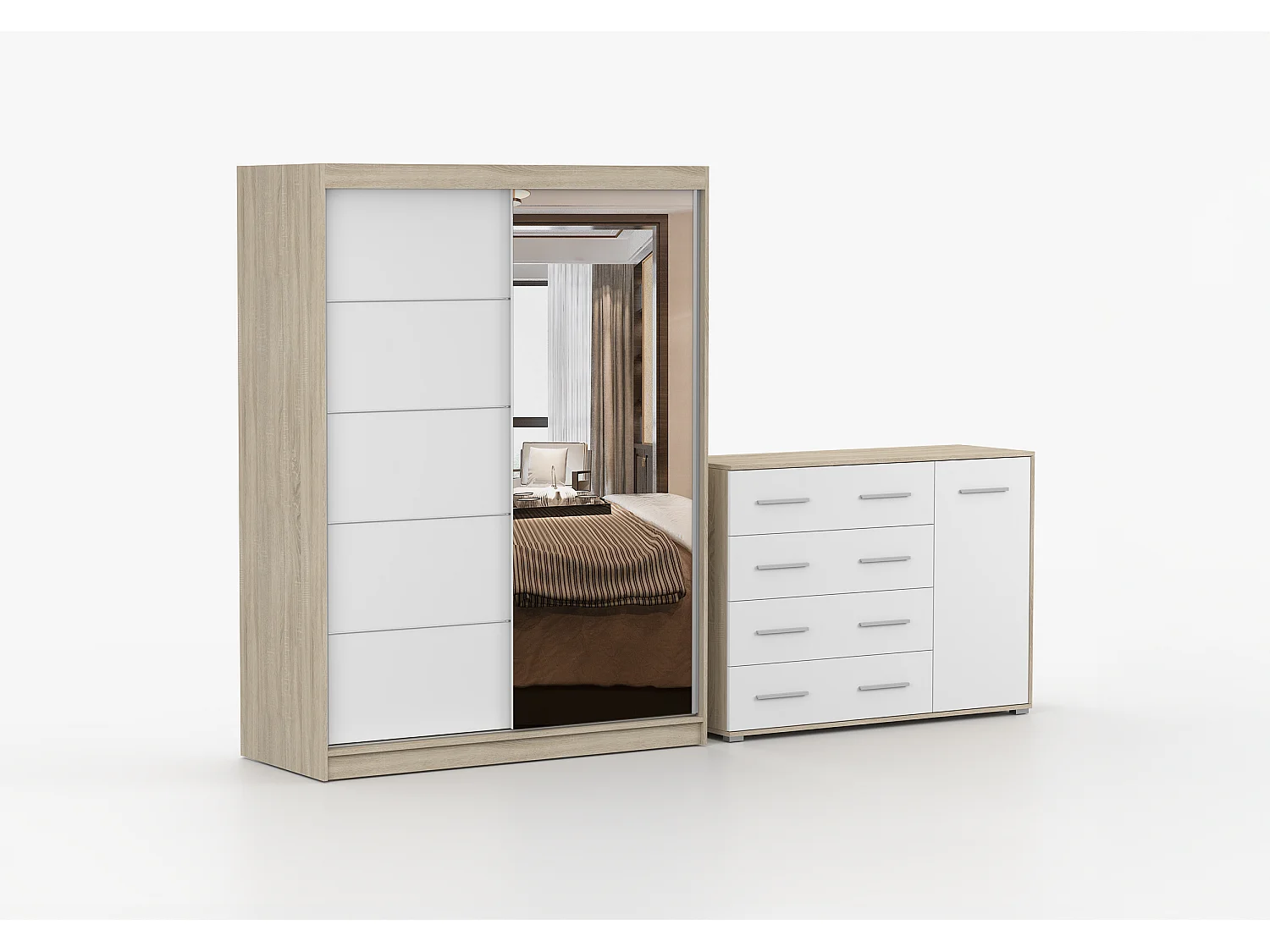 Ensemble armoire Vaiana et commode Ilario Chêne - Blanc avec miroir - Chêne - Blanc