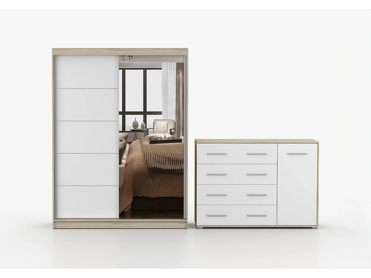 Ensemble armoire Vaiana et commode Ilario Chêne - Blanc avec miroir - Chêne - Blanc