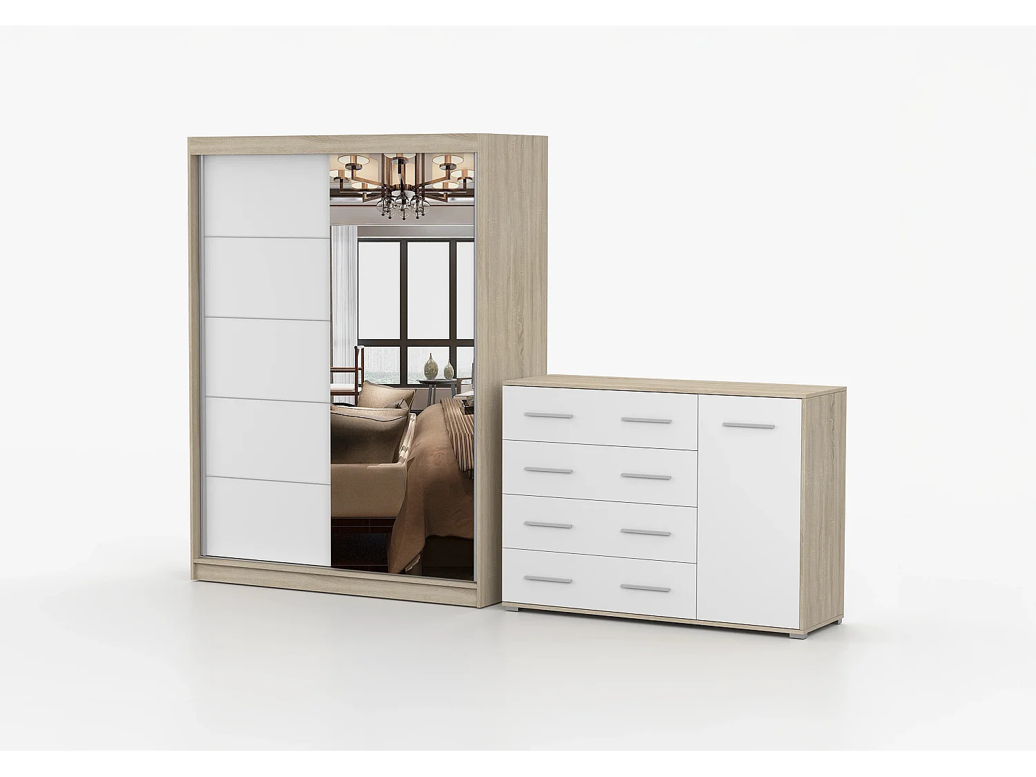 Ensemble armoire Vaiana et commode Ilario Chêne - Blanc avec miroir - Chêne - Blanc