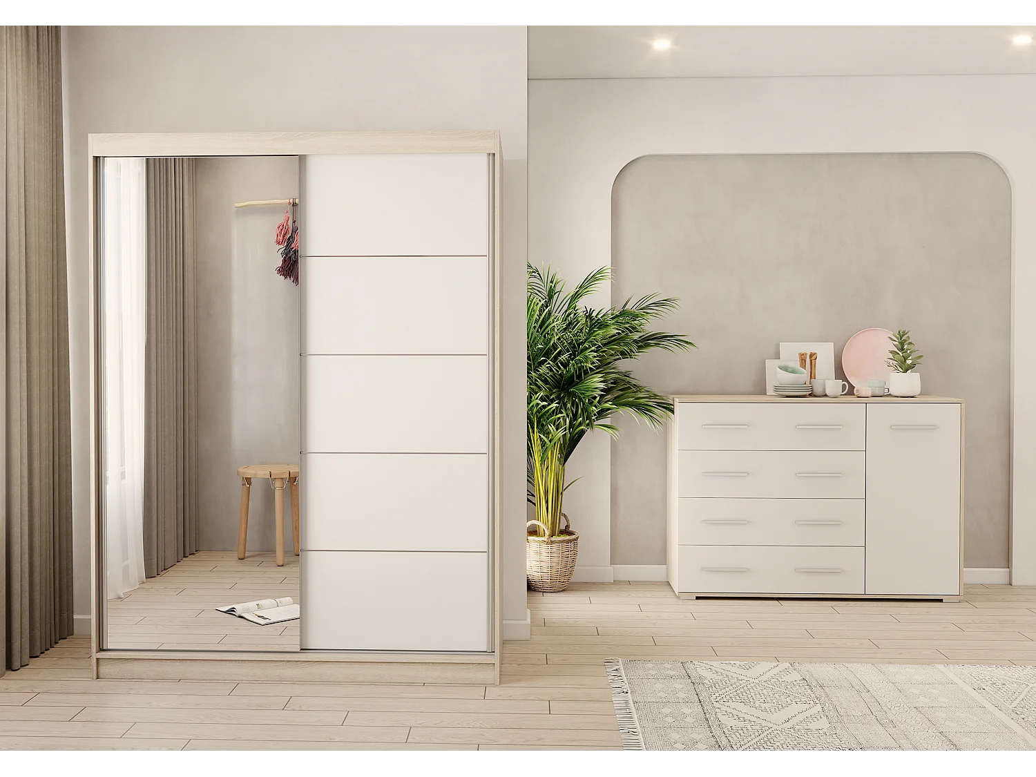 Ensemble armoire Vaiana et commode Ilario Chêne - Blanc avec miroir - Chêne - Blanc