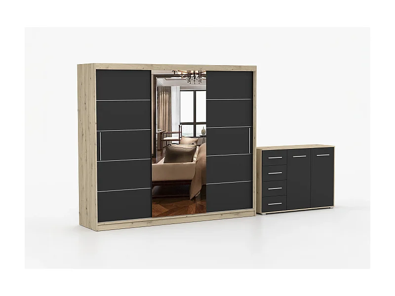 Ensemble armoire Theana et commode Ilario avec miroir - Artisan - Noir