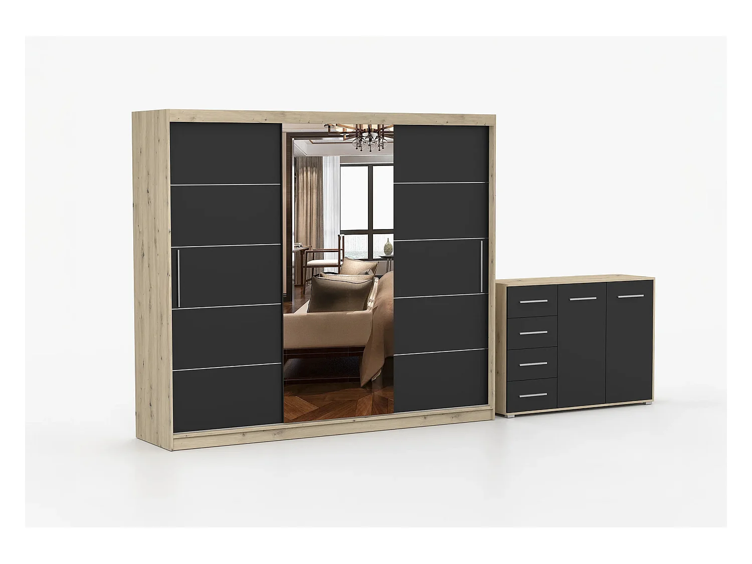 Ensemble armoire Theana et commode Ilario avec miroir - Artisan - Noir