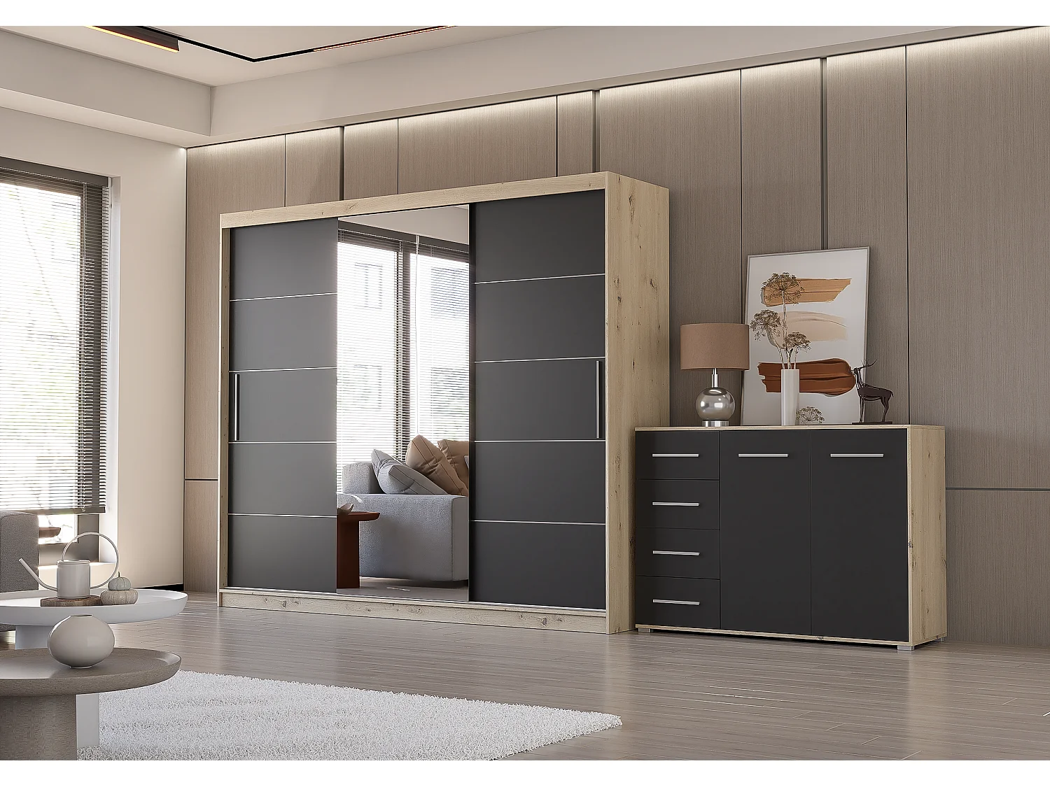 Ensemble armoire Theana et commode Ilario avec miroir - Artisan - Noir