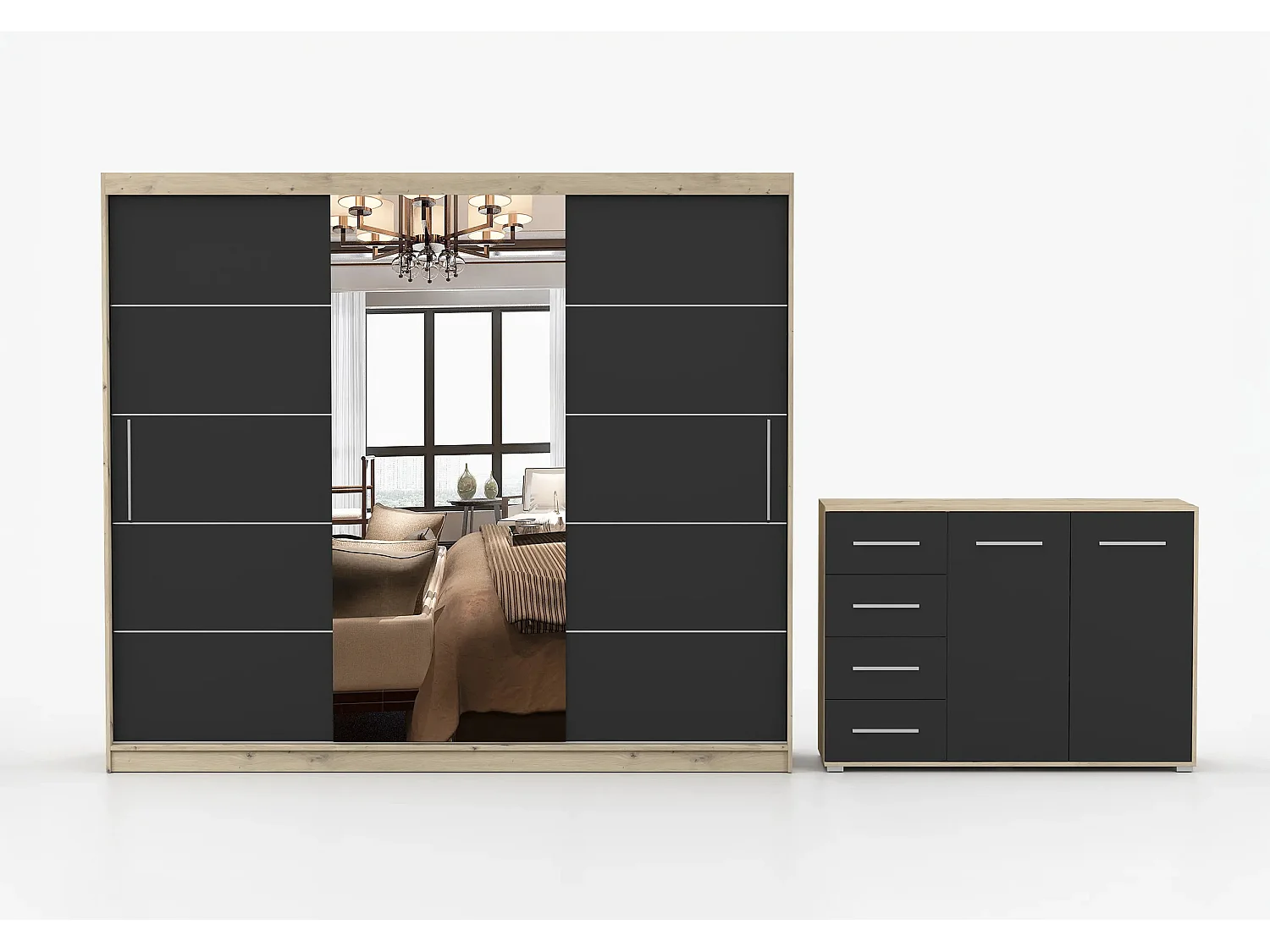 Ensemble armoire Theana et commode Ilario avec miroir - Artisan - Noir