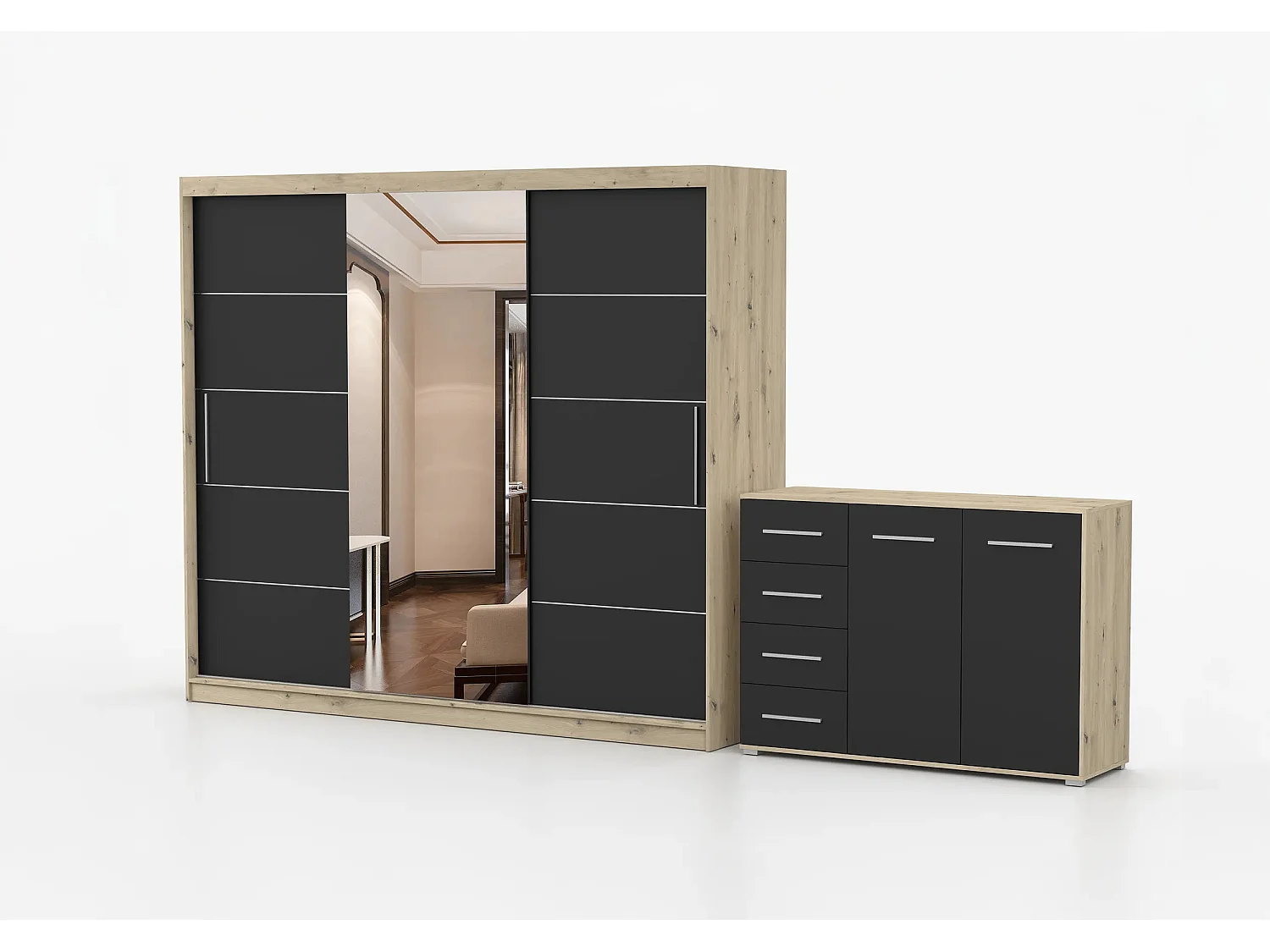 Ensemble armoire Theana et commode Ilario avec miroir - Artisan - Noir