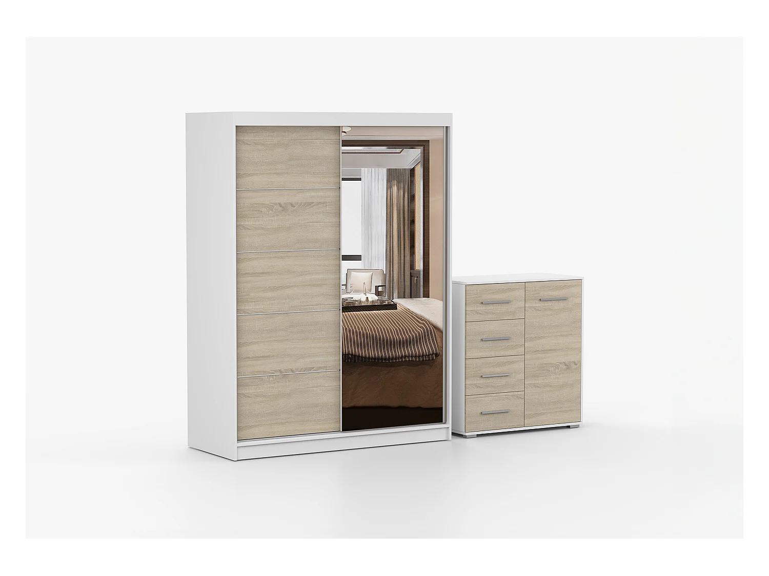 Ensemble armoire Vaiana et commode Ilario Chêne - Blanc avec miroir - Blanc - Chêne