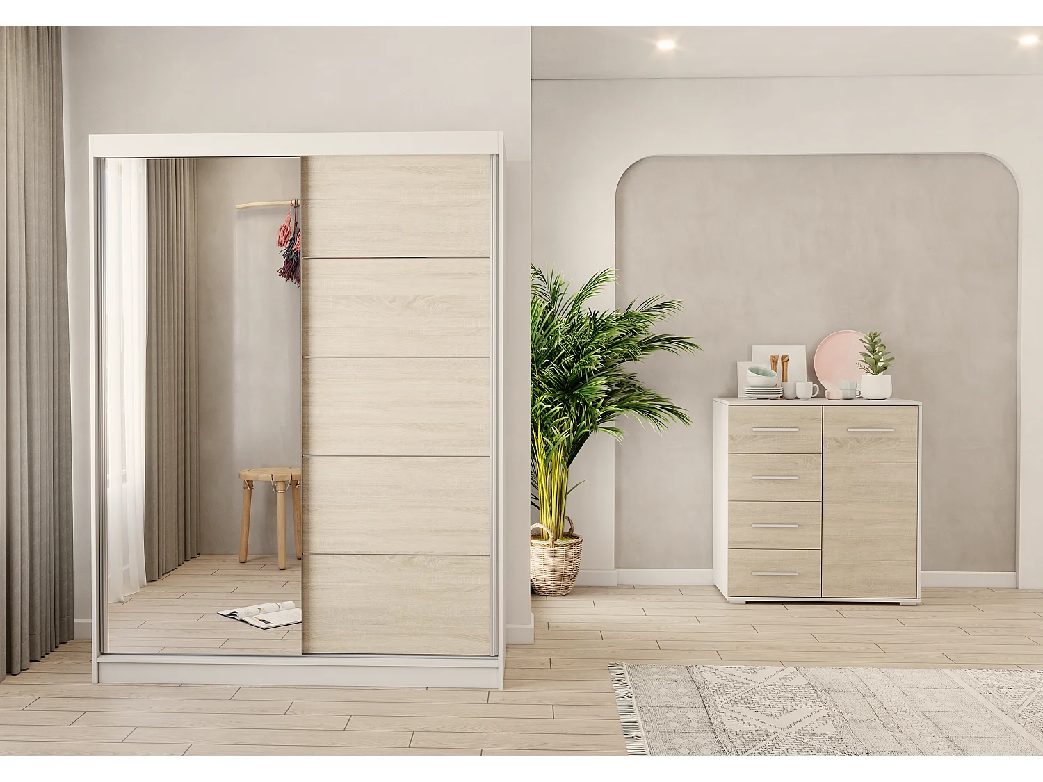 Ensemble armoire Vaiana et commode Ilario Chêne - Blanc avec miroir - Blanc - Chêne