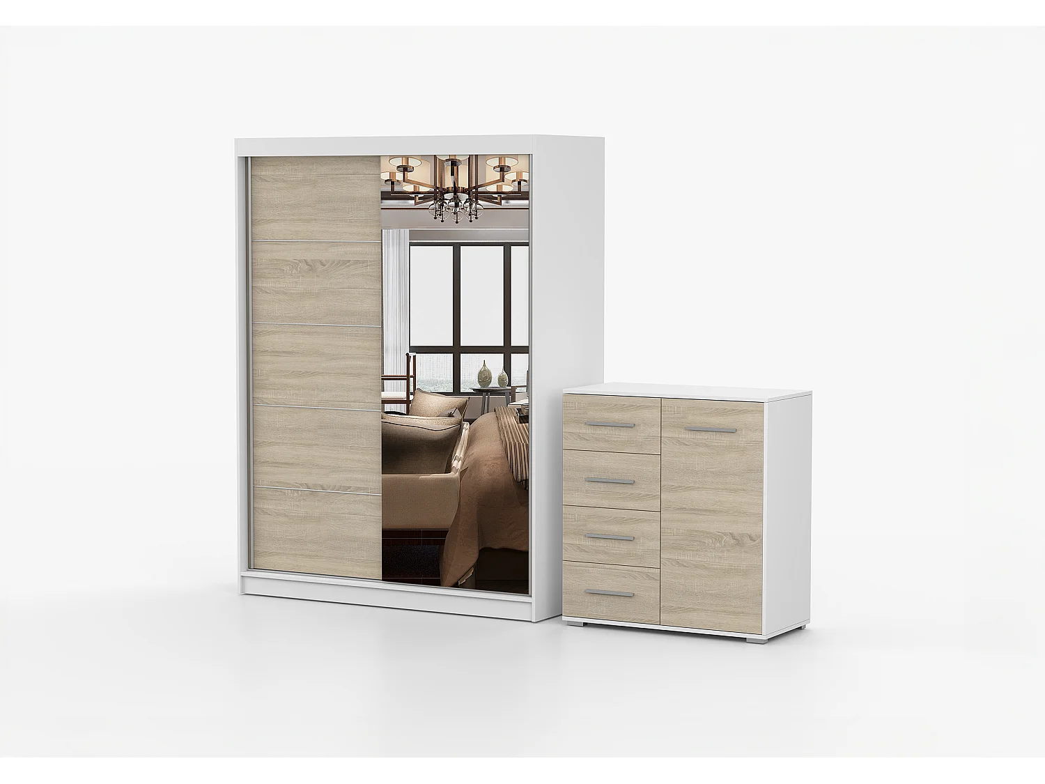 Ensemble armoire Vaiana et commode Ilario Chêne - Blanc avec miroir - Blanc - Chêne