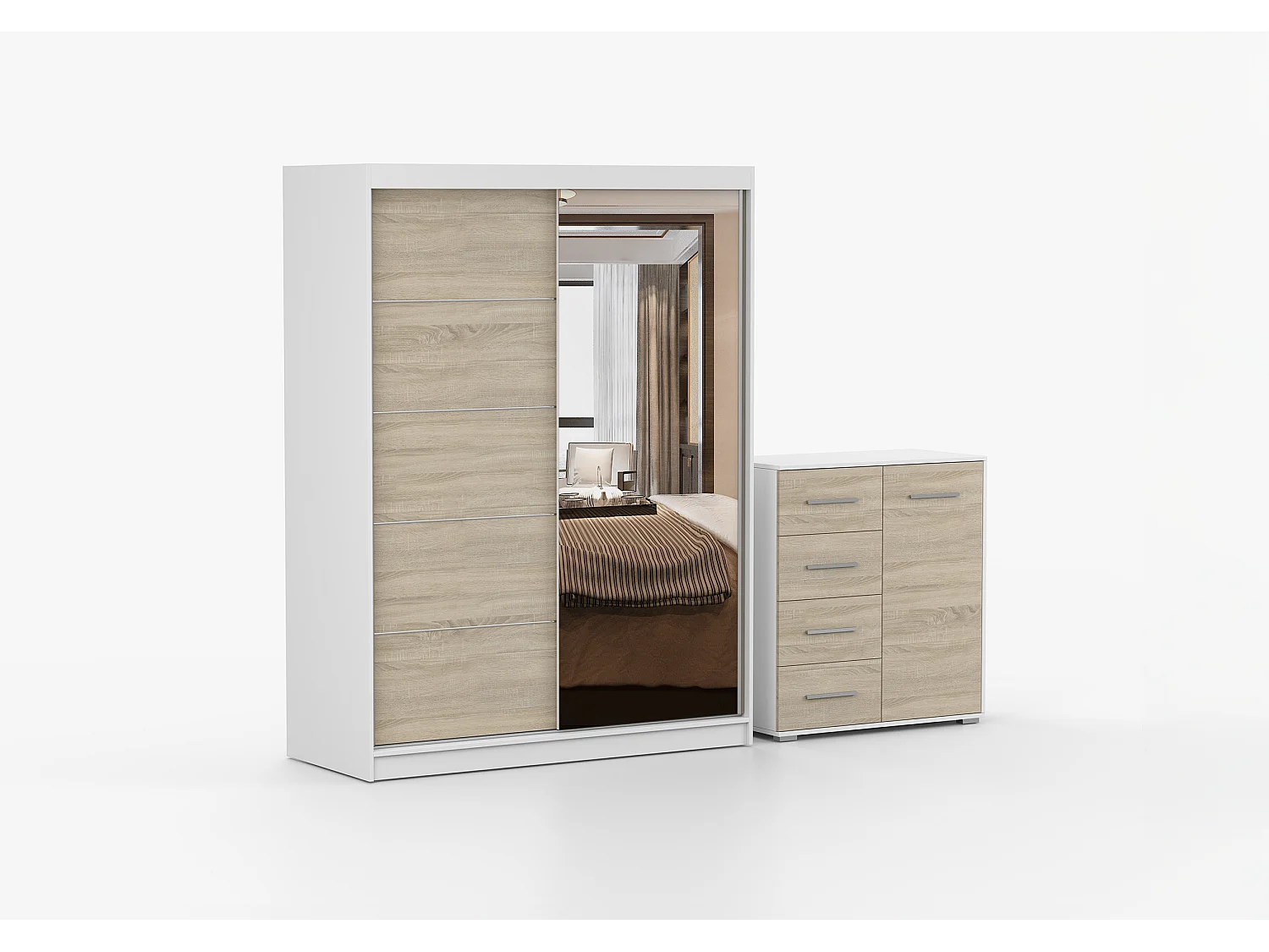 Ensemble armoire Vaiana et commode Ilario Chêne - Blanc avec miroir - Blanc - Chêne