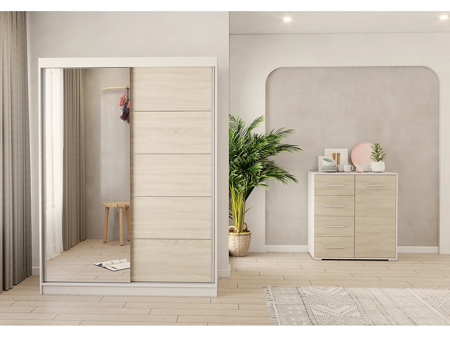 Ensemble armoire Vaiana et commode Ilario Chêne - Blanc avec miroir - Blanc - Chêne